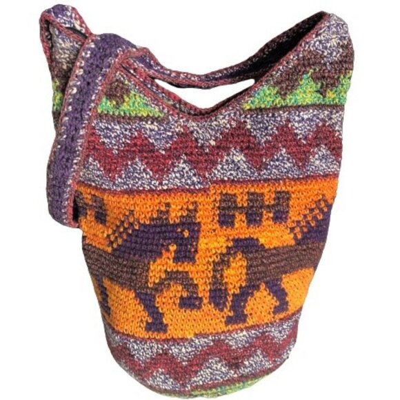 Handmade Handbags - Colourful knit handmade artisan made crossbody bucket  bag purse
